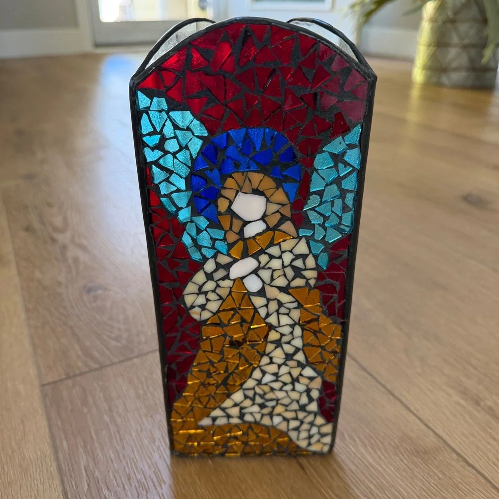 Stained Glass Mosaic Angel Luminary Votive Rectangular Religious Multi-Color